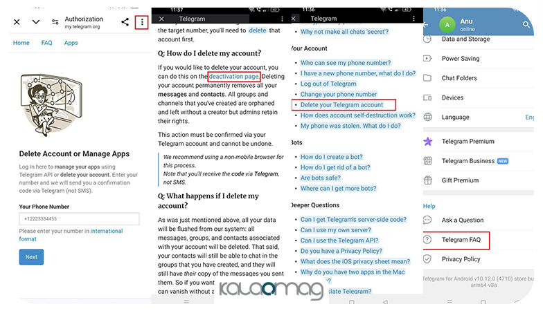 حذف اکانت تلگرام در اندروید