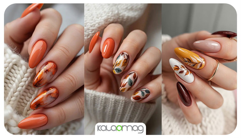 ناخن‌های بلند با دیزاین پاییزی