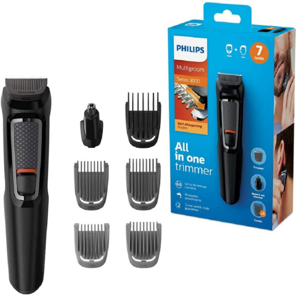 ماشین اصلاح موی سر و صورت فیلیپس سری MG3720 Multigroom مدل 7 در 1، اصلاح به صورت خط زن و حجم زن، طراحی ارگونومیک، منبع انرژی با باتری، تکنولوژی اصلاح به صورت برش مستقیم، مدت زمان شارژ 960 دقیقه و مدت زمان استفاده پس از شارژ 60 دقیقه