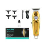 ماشین اصلاح موی صورت و بدن وی جی ار مدل V-188، منبع انرژی با کابل USB، تکنولوژی اصلاح به صورت برش مستقیم، اندازه اصلاح 0.2 تا 12 میلی‌متر، مدت زمان شارژ 150 دقیقه و مدت زمان استفاده پس از شارژ 240 دقیقه، به همراه برس تمیزکننده، روغن و 4 عدد شانه