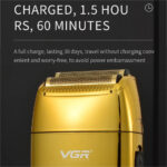 ماشین اصلاح موی صورت وی جی ار مدل V-399، استفاده به صورت خشک و مرطوب، منبع انرژی باتری ، تکنولوژی اصلاح به صورت فویلی، مدت زمان شارژ 180 دقیقه و مدت زمان استفاده پس از شارژ 200 دقیقه، به همراه برس تمیزکننده، جنس تیغه از تیتانیوم