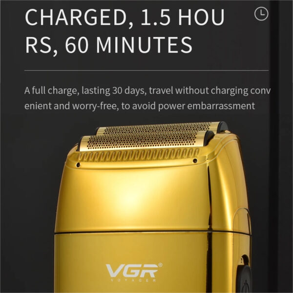 ماشین اصلاح موی صورت وی جی ار مدل V-399، استفاده به صورت خشک و مرطوب، منبع انرژی باتری ، تکنولوژی اصلاح به صورت فویلی، مدت زمان شارژ 180 دقیقه و مدت زمان استفاده پس از شارژ 200 دقیقه، به همراه برس تمیزکننده، جنس تیغه از تیتانیوم