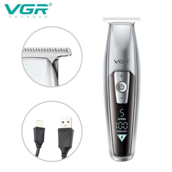 ماشین اصلاح موی سر و صورت وی جی ار مدل V-970، اصلاح به صورت خط زن، حجم زن، منبع انرژی با باتری، تکنولوژی اصلاح به صورت برش مستقیم، مدت زمان شارژ 210 دقیقه و مدت زمان استفاده پس از شارژ 240 دقیقه، به همراه شارژر، روغن، برس تمیزکننده و محافظ، دارای 5 سرعت