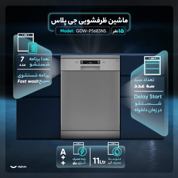 ماشین ظرفشویی ۱۵ نفره جی پلاس مدل GDW-P5683NS