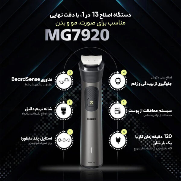 ماشین اصلاح موی صورت و بدن فیلیپس مدل MG7920، اصلاح به صورت حجم زن، طراحی ارگونومیک، استفاده به صورت خشک و مرطوب، ضد آب، منبع انرژی با باتری، تکنولوژی اصلاح به صورت تریمر، مدت زمان شارژ 60 دقیقه و مدت زمان استفاده پس از شارژ تا 120 دقیقه