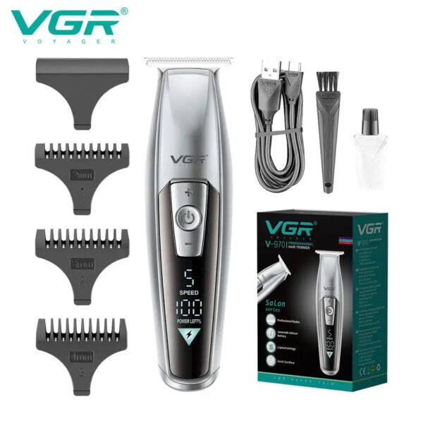 ماشین اصلاح موی سر و صورت وی جی ار مدل V-970، اصلاح به صورت خط زن، حجم زن، منبع انرژی با باتری، تکنولوژی اصلاح به صورت برش مستقیم، مدت زمان شارژ 210 دقیقه و مدت زمان استفاده پس از شارژ 240 دقیقه، به همراه شارژر، روغن، برس تمیزکننده و محافظ، دارای 5 سرعت