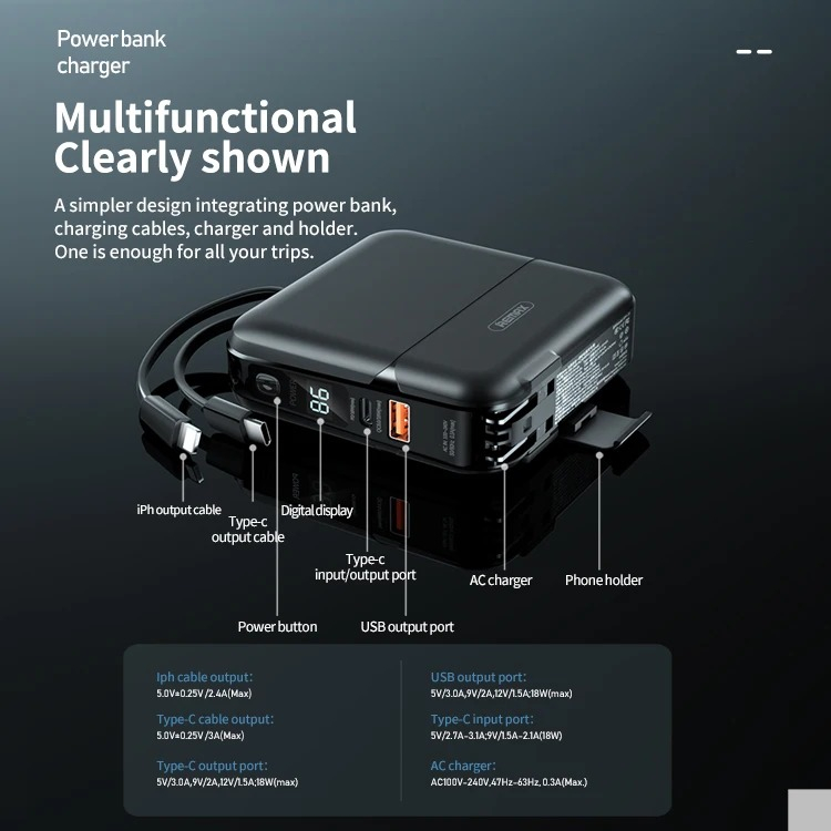 پاوربانک ریمکس مدل Infinity All in one - AC charger-RPP-20 ظرفیت 15000 میلی آمپرساعت