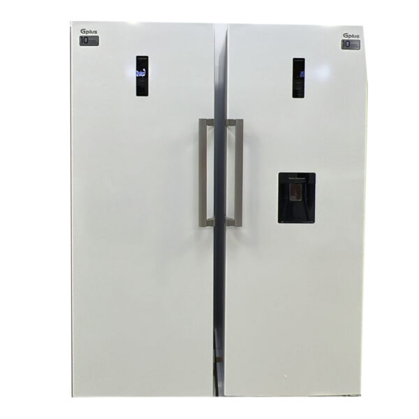 یخچال فریزر دوقلو 32 فوت جی پلاس مدل GRF-P2736-FW/LW، دارای سرمایش و انجماد سریع، با ارتفاع 185، پهنای 119 و عمق 65 سانتی متر، میزان مصرف انرژی A++، دارای 4 طبقه در یخچال و 4 کشو در فریزر