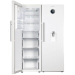 یخچال فریزر دوقلو 40 فوت پاکشوما مدل RTRA-RTFA 900 W، دارای فیلتر تصفیه آب و یخساز اتوماتیک، با ارتفاع 187، پهنای 146 و عمق 59 سانتی متر، میزان مصرف انرژی A+، دارای 5 طبقه در یخچال و 4 کشو در فریزر