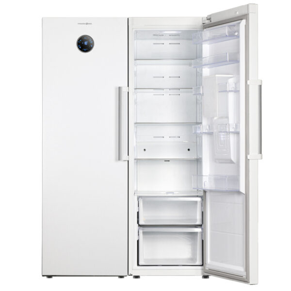 یخچال فریزر دوقلو 40 فوت پاکشوما مدل RTRA-RTFA 900 W، دارای فیلتر تصفیه آب و یخساز اتوماتیک، با ارتفاع 187، پهنای 146 و عمق 59 سانتی متر، میزان مصرف انرژی A+، دارای 5 طبقه در یخچال و 4 کشو در فریزر