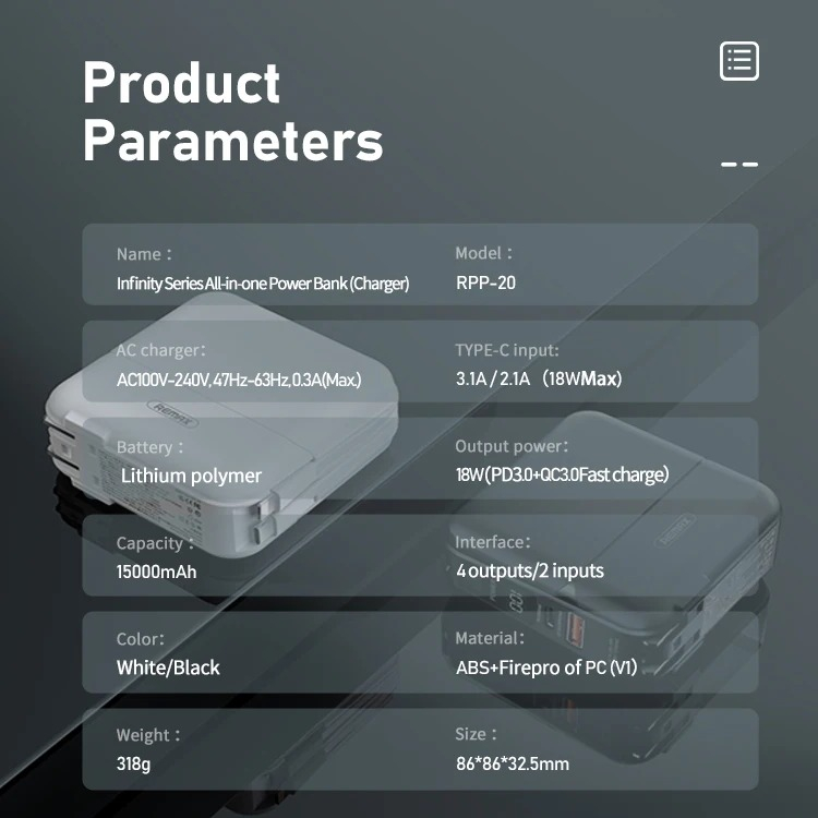 پاوربانک ریمکس مدل Infinity All in one - AC charger-RPP-20 ظرفیت 15000 میلی آمپرساعت
