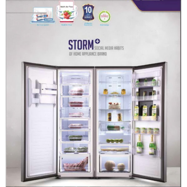 یخچال فریزر دوقلو 40 فوت استیلون مدل STORM PLUS، دارای اخطار باز ماندن درب و یخساز دستی، ارتفاع 200، پهنای 65 و عمق 65 سانتی‌ متر، میزان مصرف انرژی C، دارای 8 طبقه در یخچال و 8 طبقه در فریزر