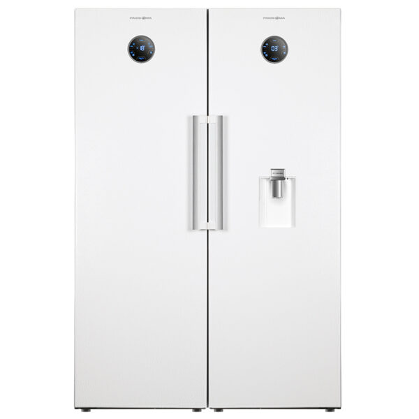 یخچال فریزر دوقلو 40 فوت پاکشوما مدل RTRA-RTFA 900 W، دارای فیلتر تصفیه آب و یخساز اتوماتیک، با ارتفاع 187، پهنای 146 و عمق 59 سانتی متر، میزان مصرف انرژی A+، دارای 5 طبقه در یخچال و 4 کشو در فریزر