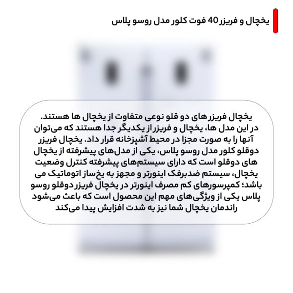 یخچال فریزر 40 فوت کلور مدل روسو پلاس، میزان مصرف انرژی A+، دارای 5 طبقه در یخچال و 2 طبقه در فریزر، دارای سیستم نوفراست