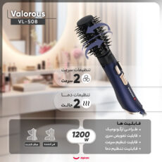 سشوار برسدار چرخشی حرفهای والوروس مدل VL-508، موتور AC با توان مصرفی 1200 وات، دارای قابلیت تعویض سری، طراحی ارگونومیک، دارای سیم گردان، با حالت صافکننده و فرکننده، وزن 950 گرم، تنظیم حرارت 2 حالته و کنترل سرعت 2 حالته، به همراه 3 سری برسدار