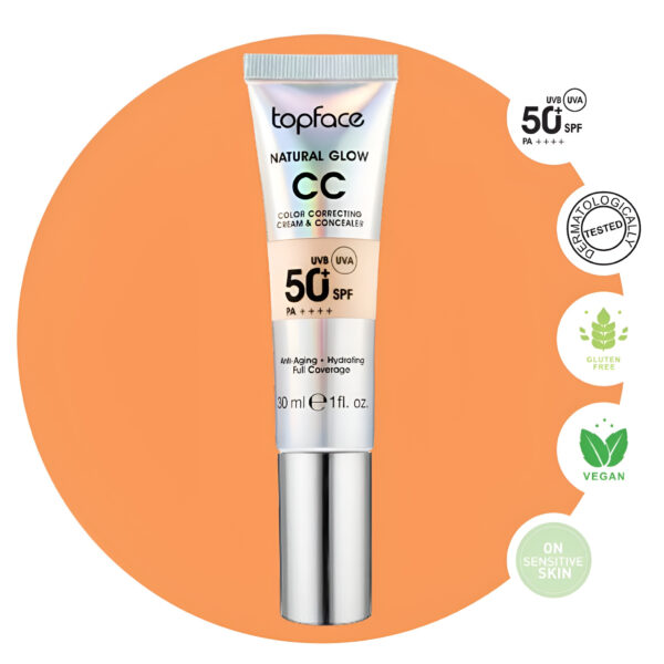 کرم پودر +SPF50 تاپ فیس مدل NATURAL GLOW شماره 001 مناسب انواع پوست حجم 30 میلی لیتر