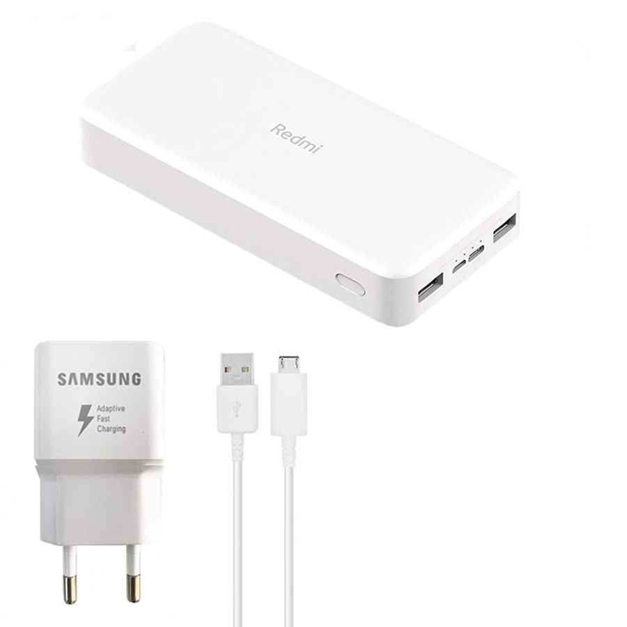 پاوربانک شیائومی مدل Redmi PB200LZM ظرفیت 20000 میلی آمپرساعت به همراه شارژر دیواری سامسونگ و کابل تبدیل