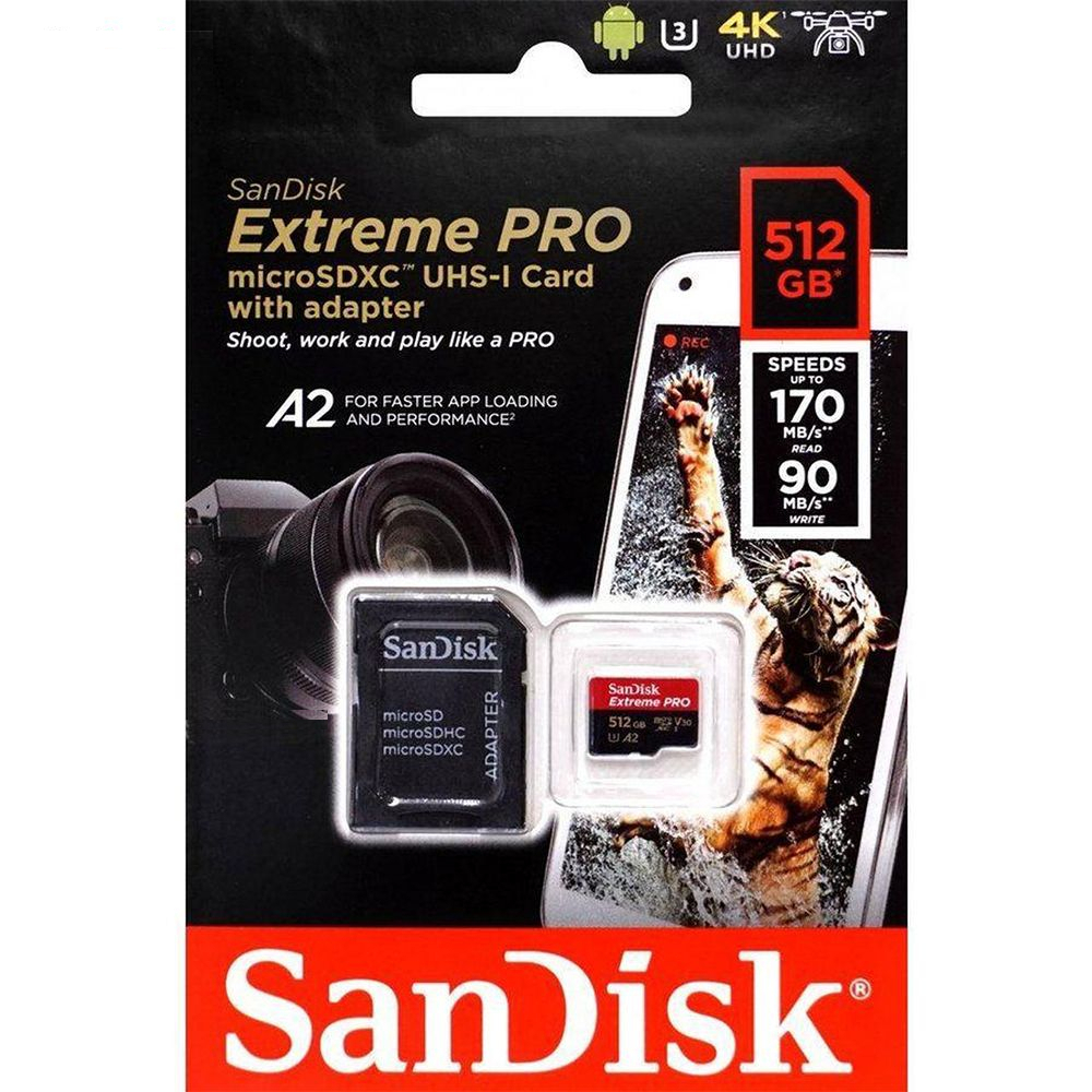 کارت حافظه microSDXC سن دیسک مدل Extreme PRO کلاس A2 استاندارد UHS-I U3 سرعت 170MBs ظرفیت 512 گیگابایت به همراه آداپتور SD