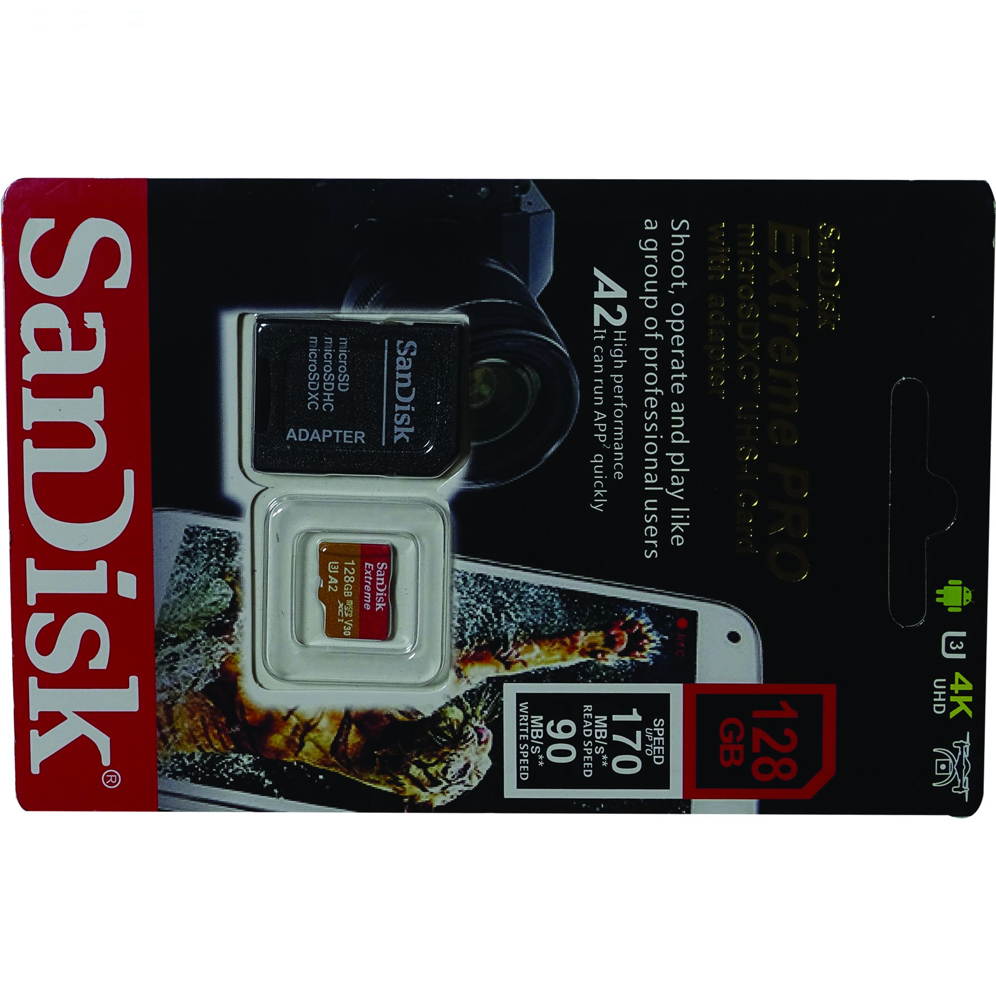 کارت حافظه microSDXC سن دیسک مدل Extreme PRO کلاس A2 استاندارد UHS-I U3 سرعت 170MBs ظرفیت 128 گیگابایت به همراه آداپتور SD
