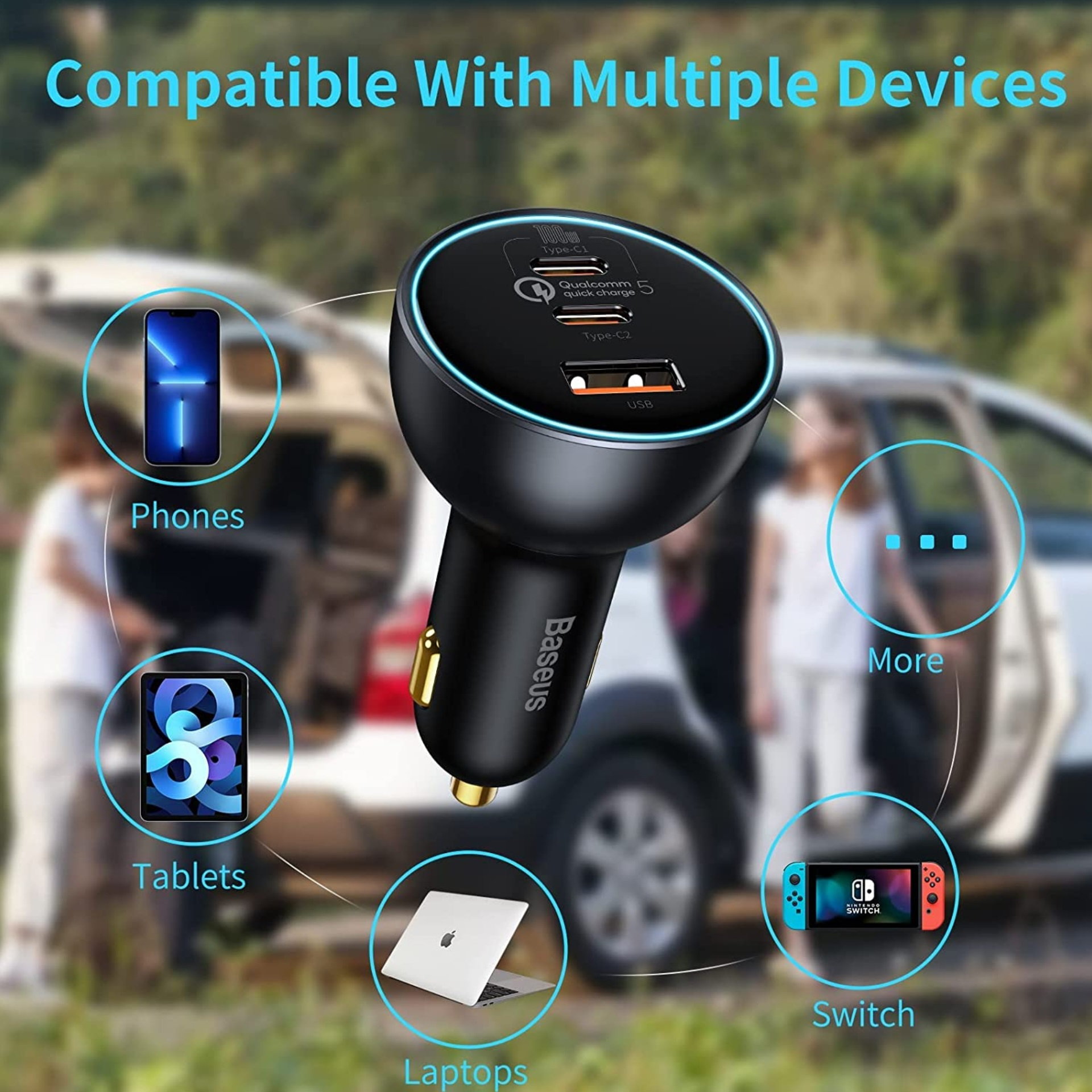 شارژر فندکی باسئوس مدل Multi-port Fast Charge 160W به همراه کابل تبدیل Usb-c