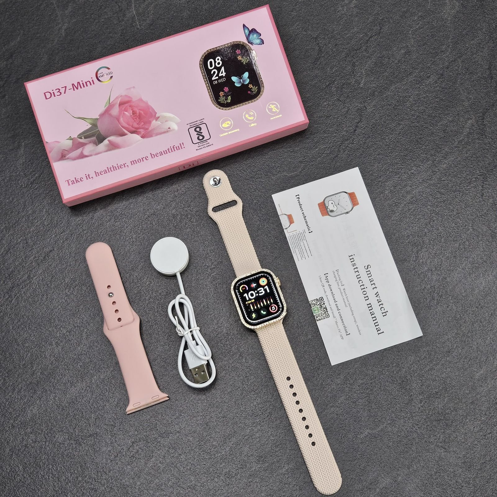 ساعت هوشمند مدل Di37-mini دارای قابلیت های صفحه نمایش رنگی، صفحه نمایش لمسی، کنترل موسیقی (Music Player)، قابلیت مکالمه از طریق بلوتوث بند سیلیکون