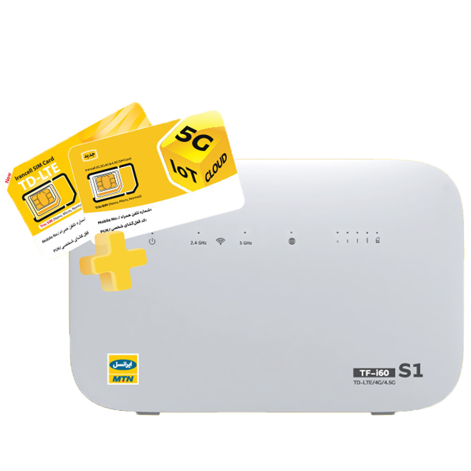 مودم 4G/TD-LTE ایرانسل مدل TF-i60 S1 همراه با 24 گیگابایت اینترنت 3 ماهه TD-LTE و 1سیم دائمی و 1 سیم اعتباری