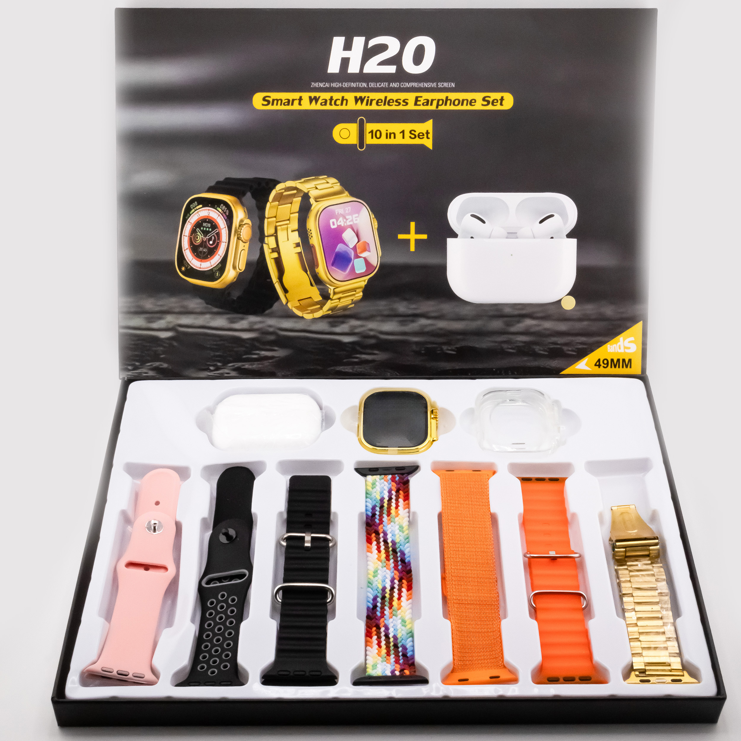 ساعت هوشمند مدل H20 ULTRA 49mm دارای صفحه نمایش رنگی و لمسی، کنترل موسیقی (Music Player)، کنترل سطح اکسیژن خون، قابلیت مکالمه از طریق بلوتوث بند استیل به همراه هندزفری