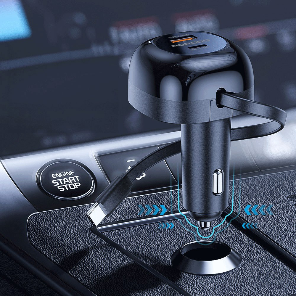 شارژر فندکی 47 واتی پرودو مدل Dual Port Car 80cm Retractable Type-C Cable