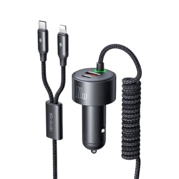 شارژر فندکی120 وات  مک دودو مدل cc-0370 به همراه کابل USB-C/لایتنینگ
