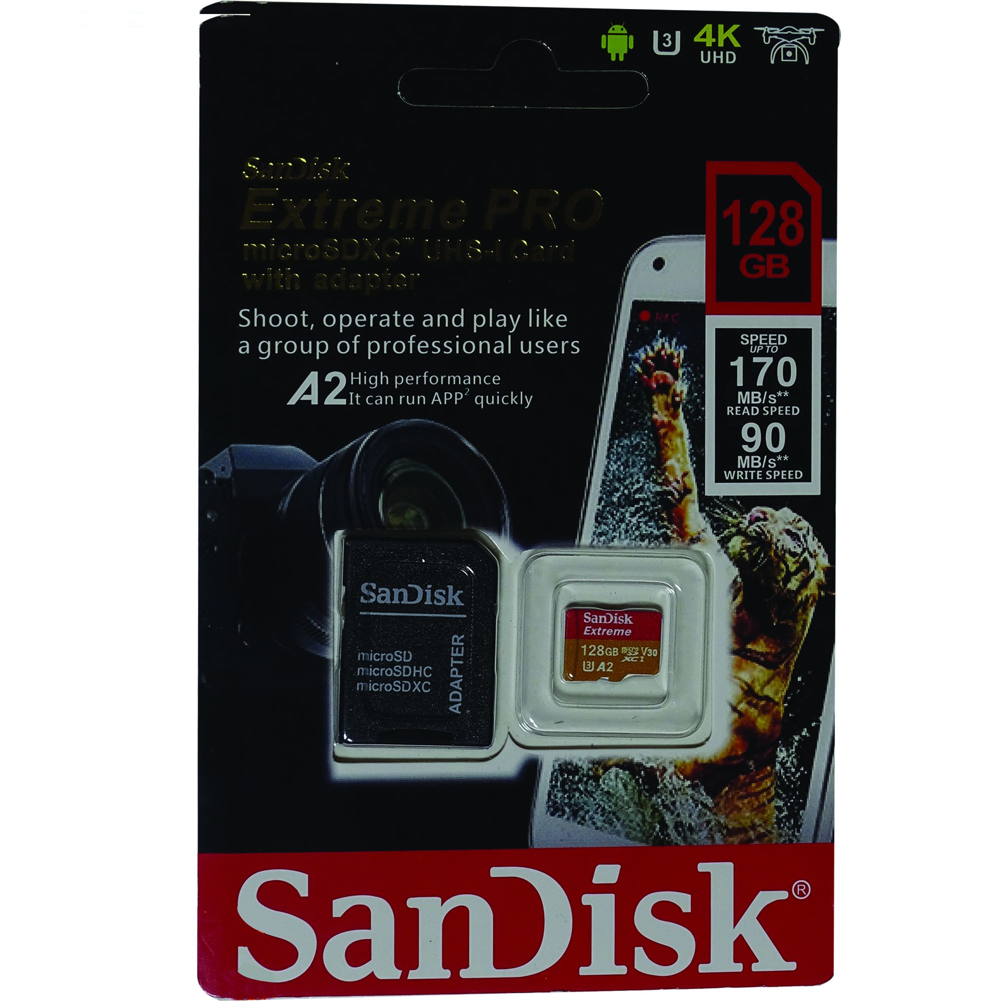 کارت حافظه microSDXC سن دیسک مدل Extreme PRO کلاس A2 استاندارد UHS-I U3 سرعت 170MBs ظرفیت 128 گیگابایت به همراه آداپتور SD