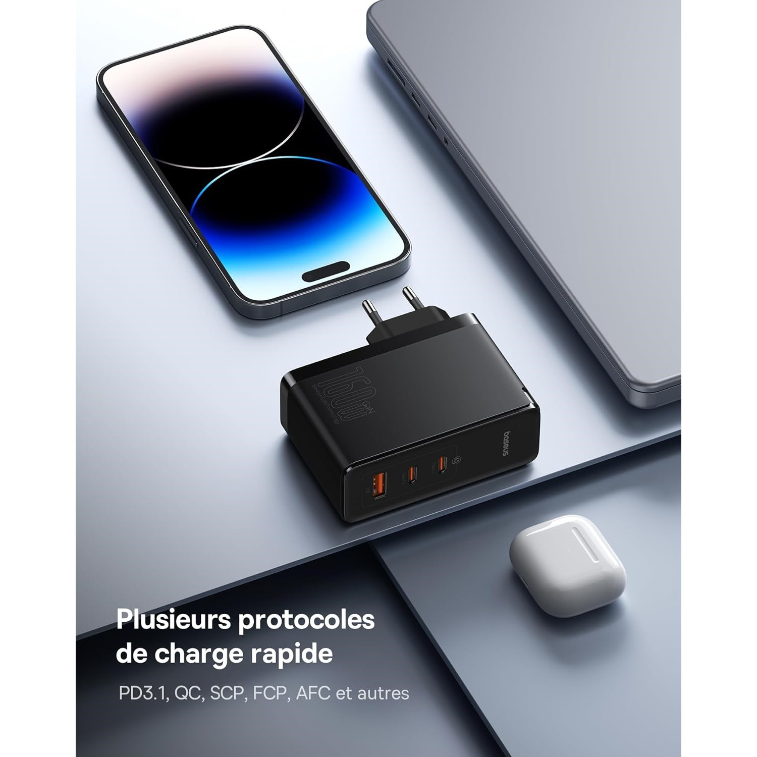 شارژر دیواری 160 وات بیسوس مدل GaN5 Pro 2C+U به همراه کابل تبدیل USB-C