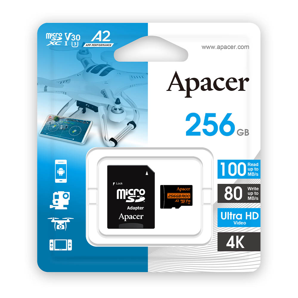کارت حافظه microSDXC اپیسر مدل AP64G استاندارد HS-I U3 V30 A2 سرعت 100MBps ظرفیت 256 گیگابایت همراه با آداپتور SD