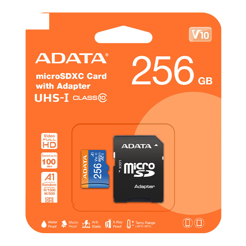 کارت حافظه‌ microSDXC ای دیتا مدل premier کلاس 10 استاندارد UHS-I U1 سرعت 100 MBps ظرفیت 256 گیگابایت به همراه آداپتور SD