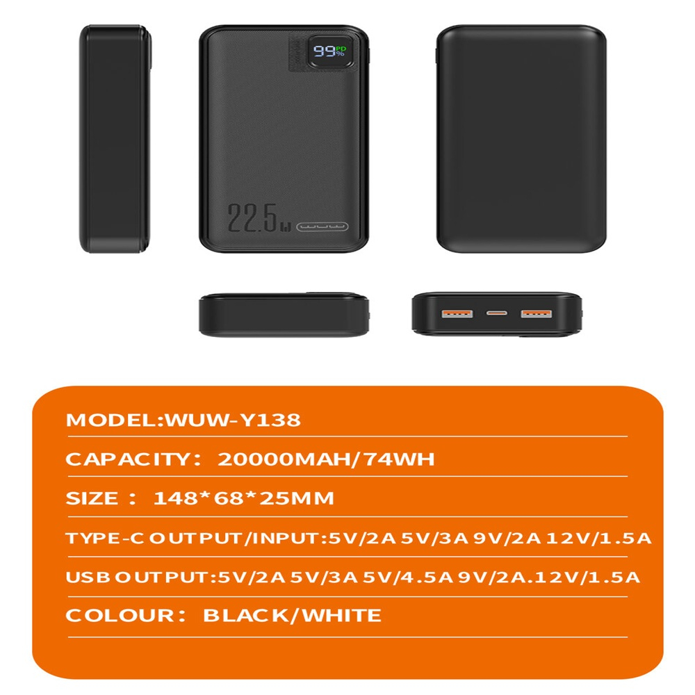 پاوربانک دبلیو یو دبلیو مدل Y138-22.5W ظرفیت 20000 میلی آمپرساعت