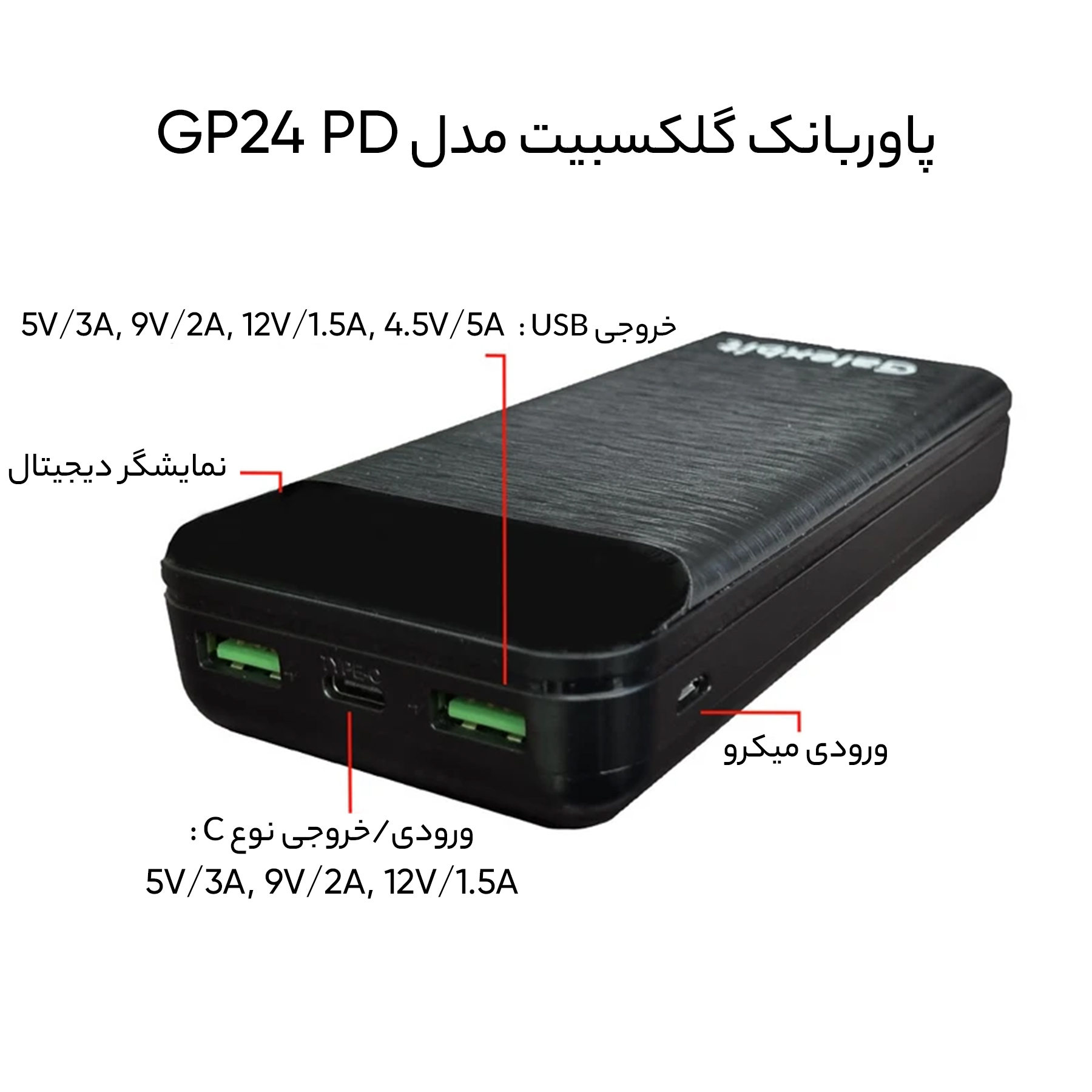 پاوربانک گلکسبیت مدل GP24 PD ظرفیت 20000 میلی آمپر ساعت