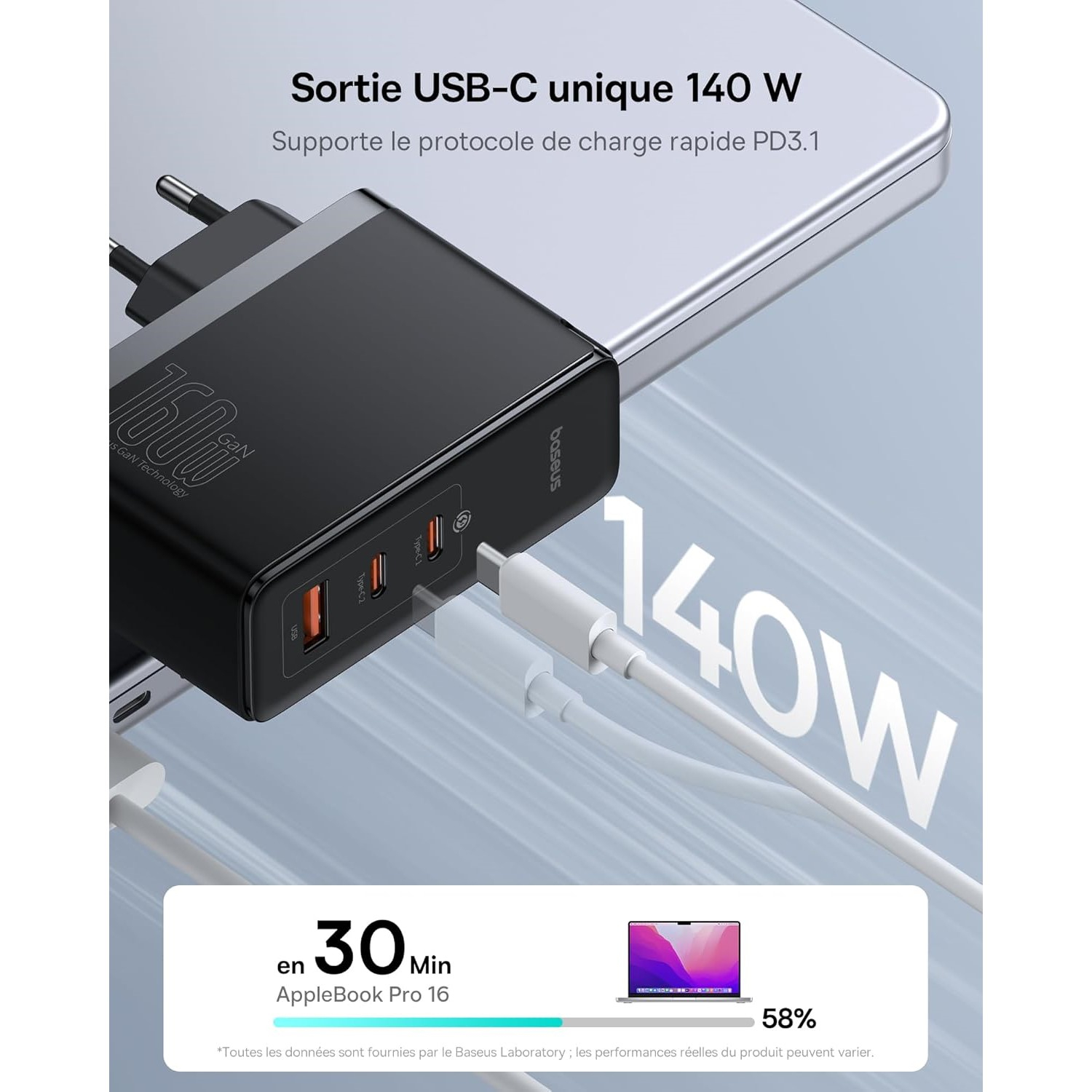 شارژر دیواری 160 وات بیسوس مدل GaN5 Pro 2C+U به همراه کابل تبدیل USB-C