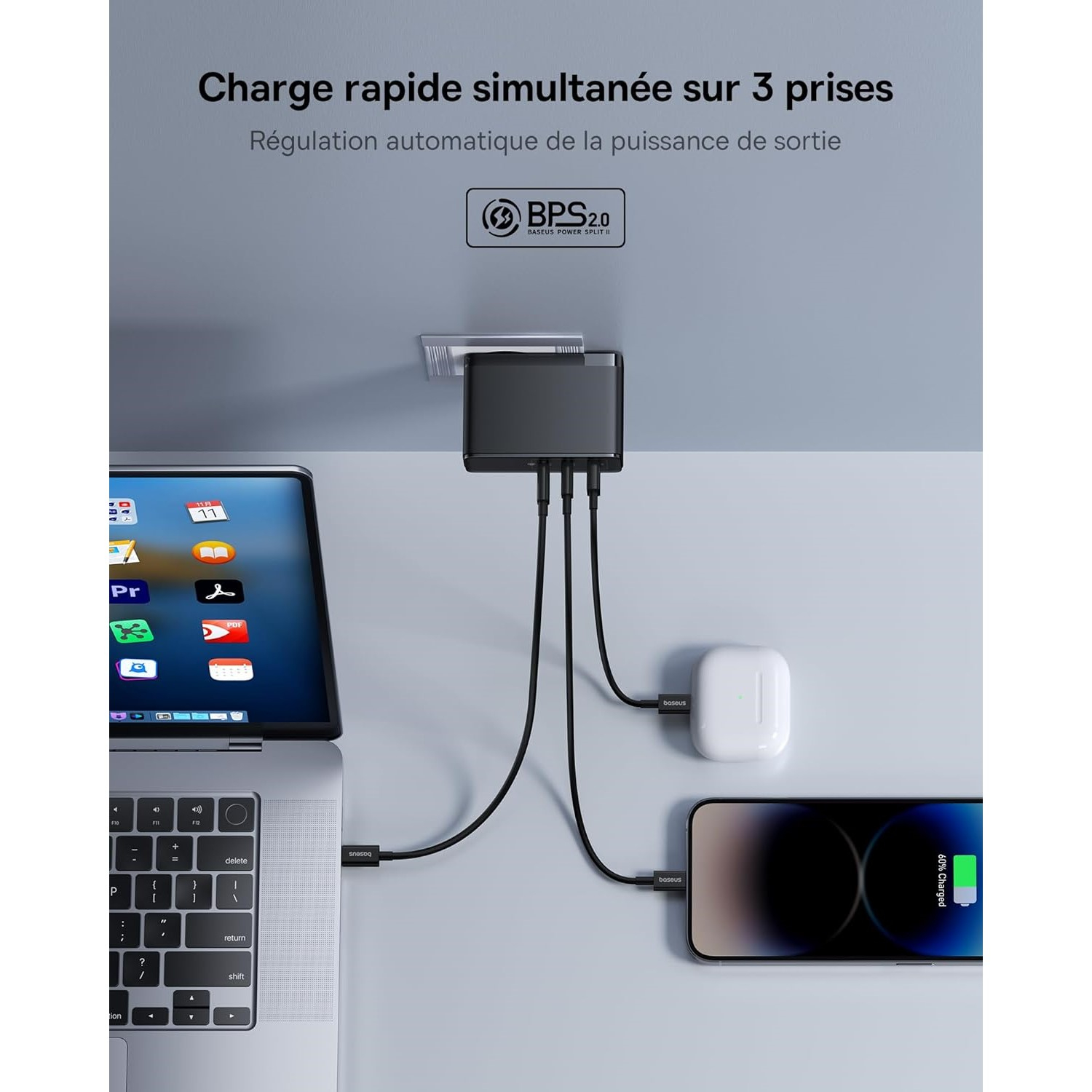 شارژر دیواری 160 وات بیسوس مدل GaN5 Pro 2C+U به همراه کابل تبدیل USB-C