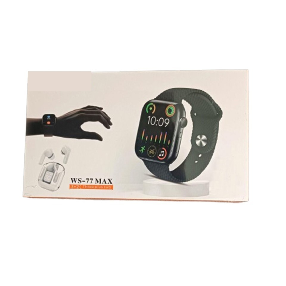 ساعت هوشمند مدل WS 77 MAX دارای قابلیت کنترل سطح اکسیژن خون و قابلیت مکالمه از طریق بلوتوث با بند سیلیکونی به همراه ایرپاد