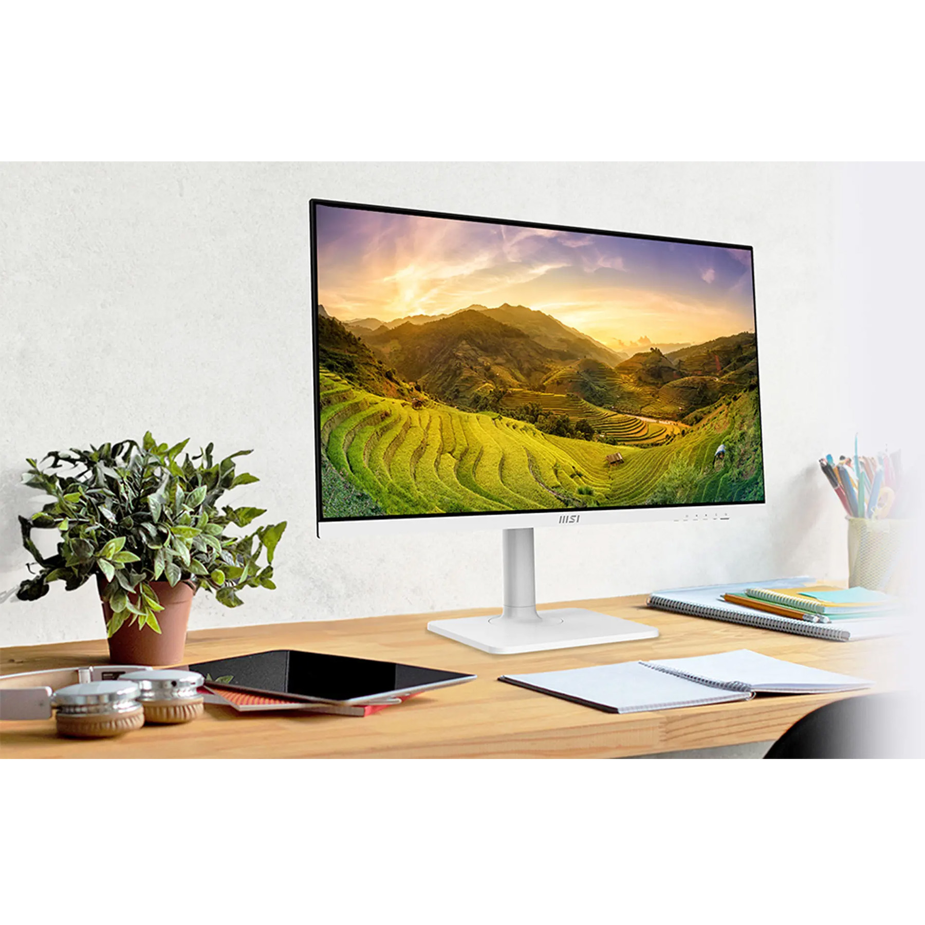 مانیتور 27 اینچ ام اس آی مدل MD2712PW، رزولوشن FullHD، پنل IPS، نرخ بروزرسانی 100 هرتز، با نسبت تصویر 16:9، دارای اسپیکر داخلی، دارای پورت HDMI و USB-C و خروجی هدفون