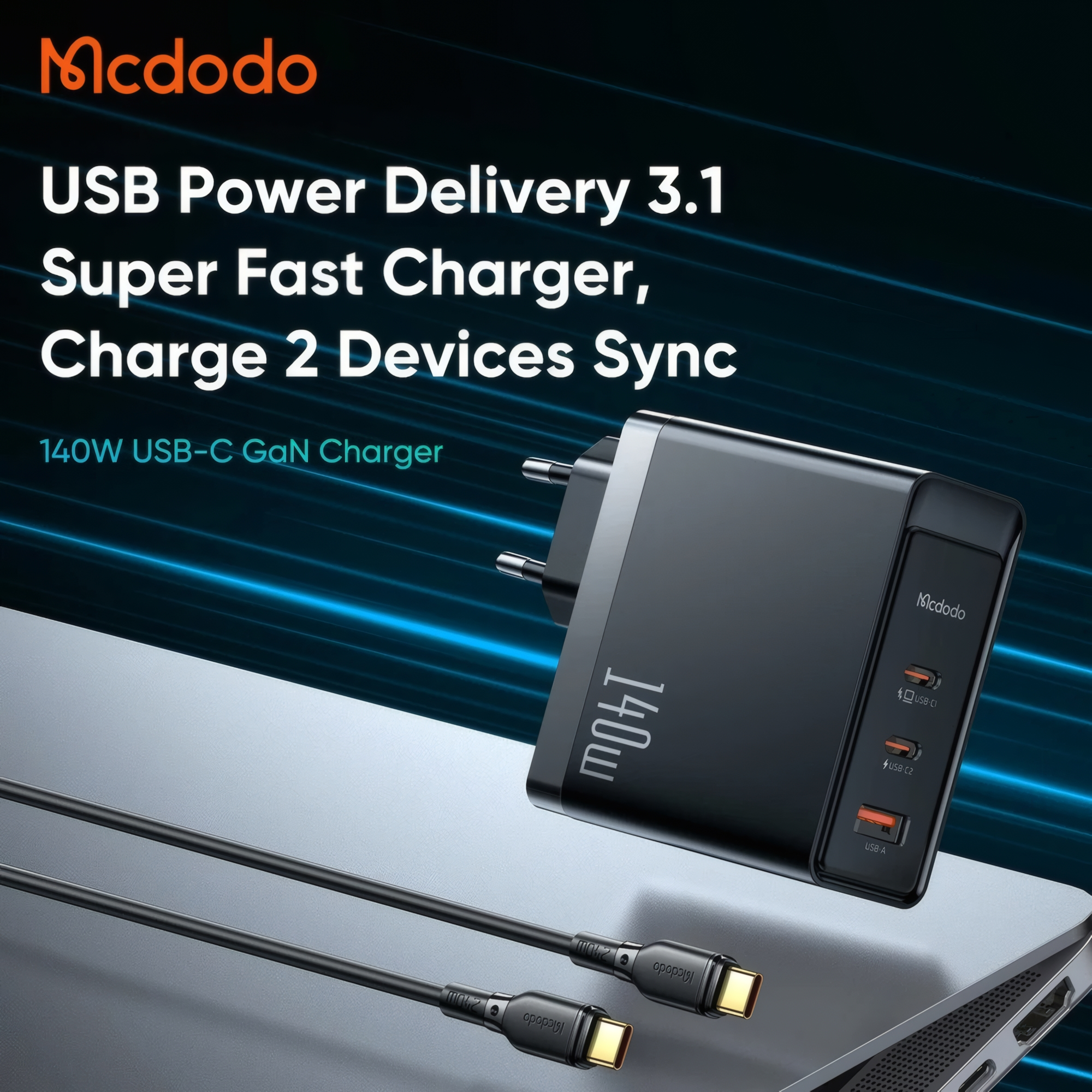 شارژر دیواری 140 وات مک دودو مدل CH-2913 به همراه کابل USB-C