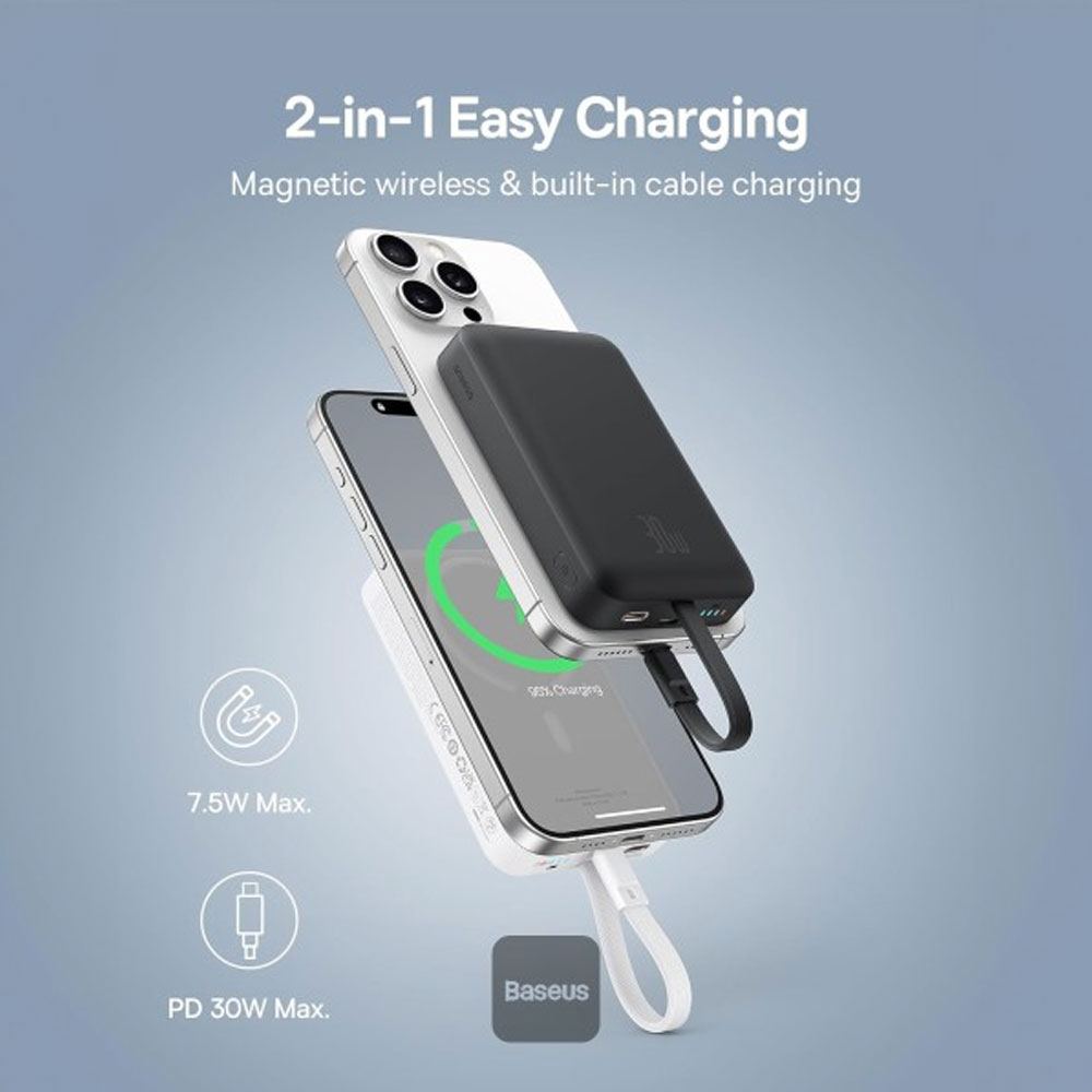 پاوربانک بیسیم 30 وات باسئوس مدل Magnetic Mini ظرفیت 10000 میلی آمپر ساعت