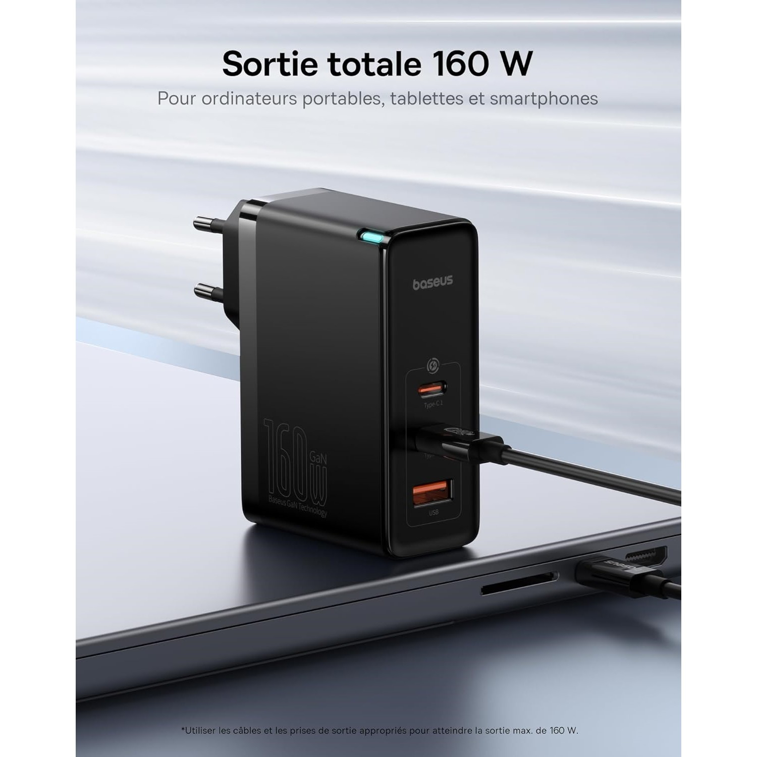 شارژر دیواری 160 وات بیسوس مدل GaN5 Pro 2C+U به همراه کابل تبدیل USB-C