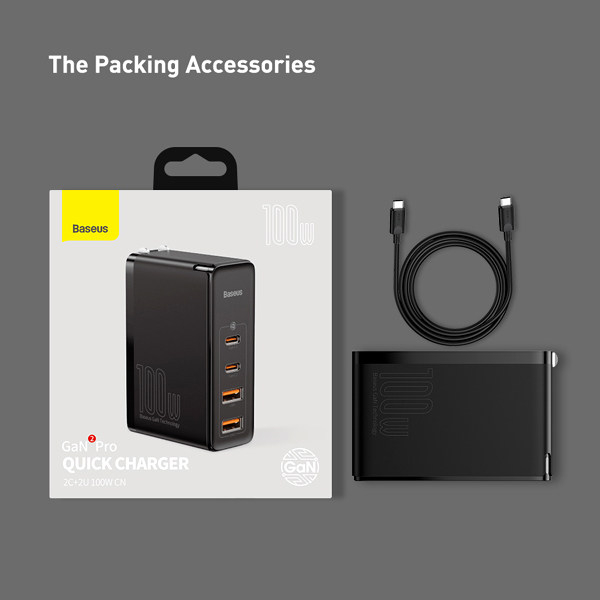شارژر دیواری باسئوس مدل GaN2 Pro 100W به همراه کابل تبدیل USB-C