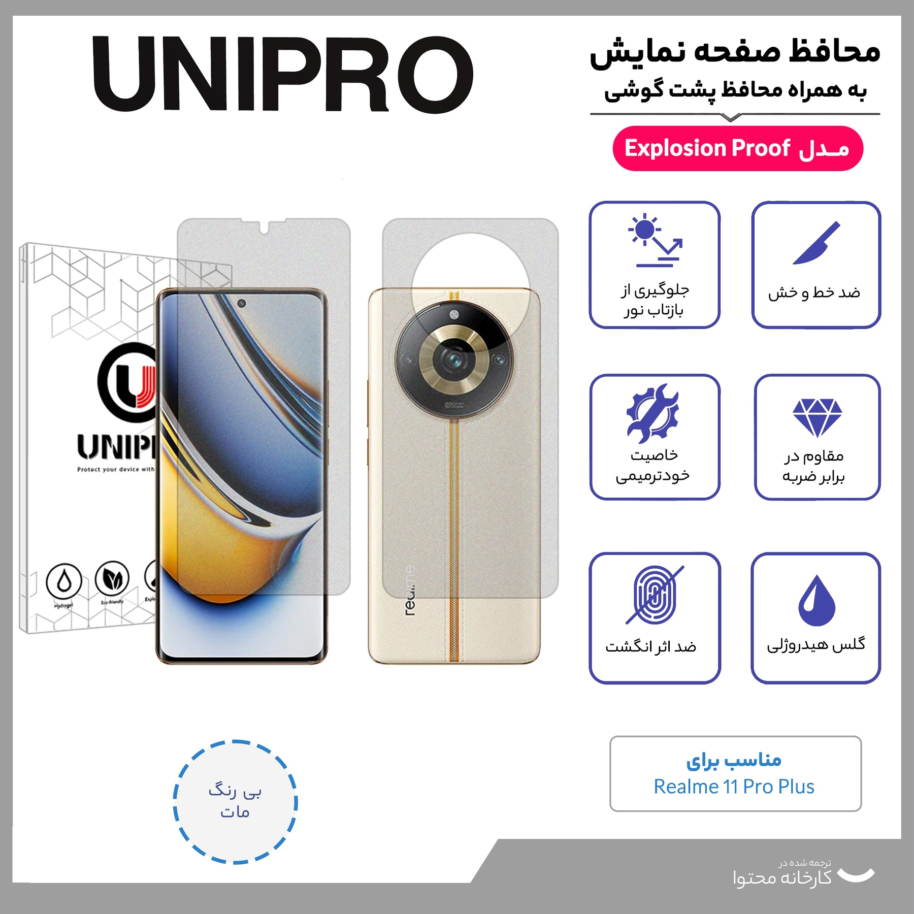 محافظ صفحه نمایش مات یونی پرو مدل Explosion Proof مناسب برای گوشی موبایل ریلمی 11 Pro Plus به همراه محافظ پشت گوشی