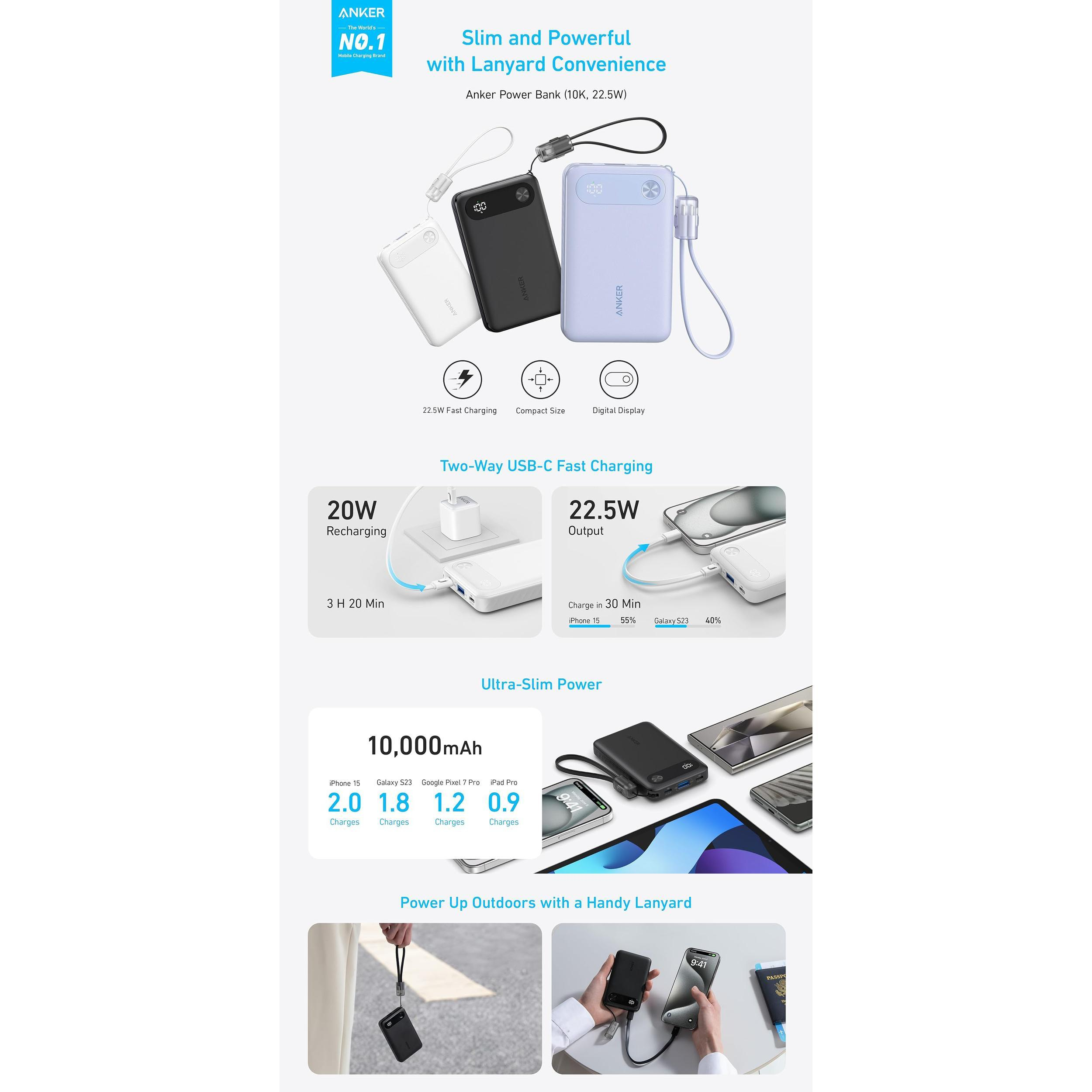 پاوربانک انکر مدل A1257 ظرفیت 10000 میلی آمپر ساعت به همراه کابل USB-C