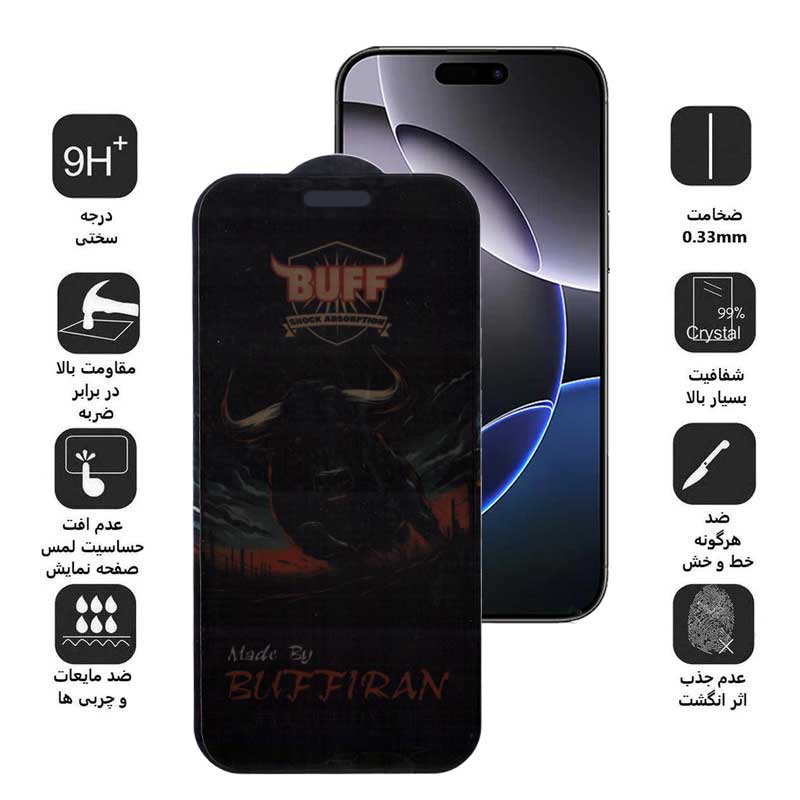 محافظ صفحه نمایش حریم شخصی بوف مدل BullRun Privacy Pro-G مناسب برای گوشی موبایل اپل iPhone 16 Pro Max