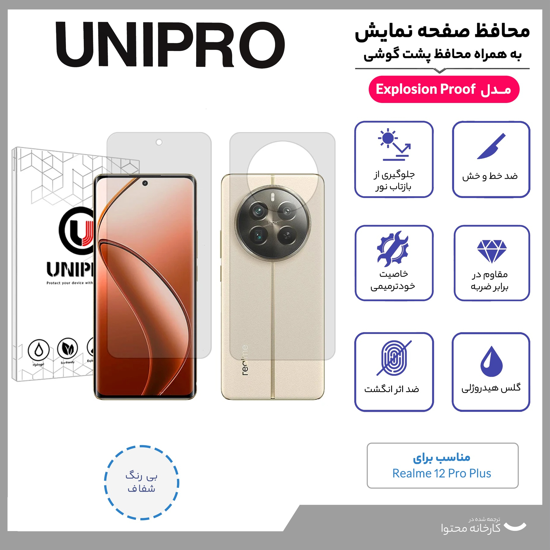 محافظ صفحه نمایش شفاف یونی پرو مدل Explosion Proof مناسب برای گوشی موبایل ریلمی 12 Pro Plus به همراه محافظ پشت گوشی