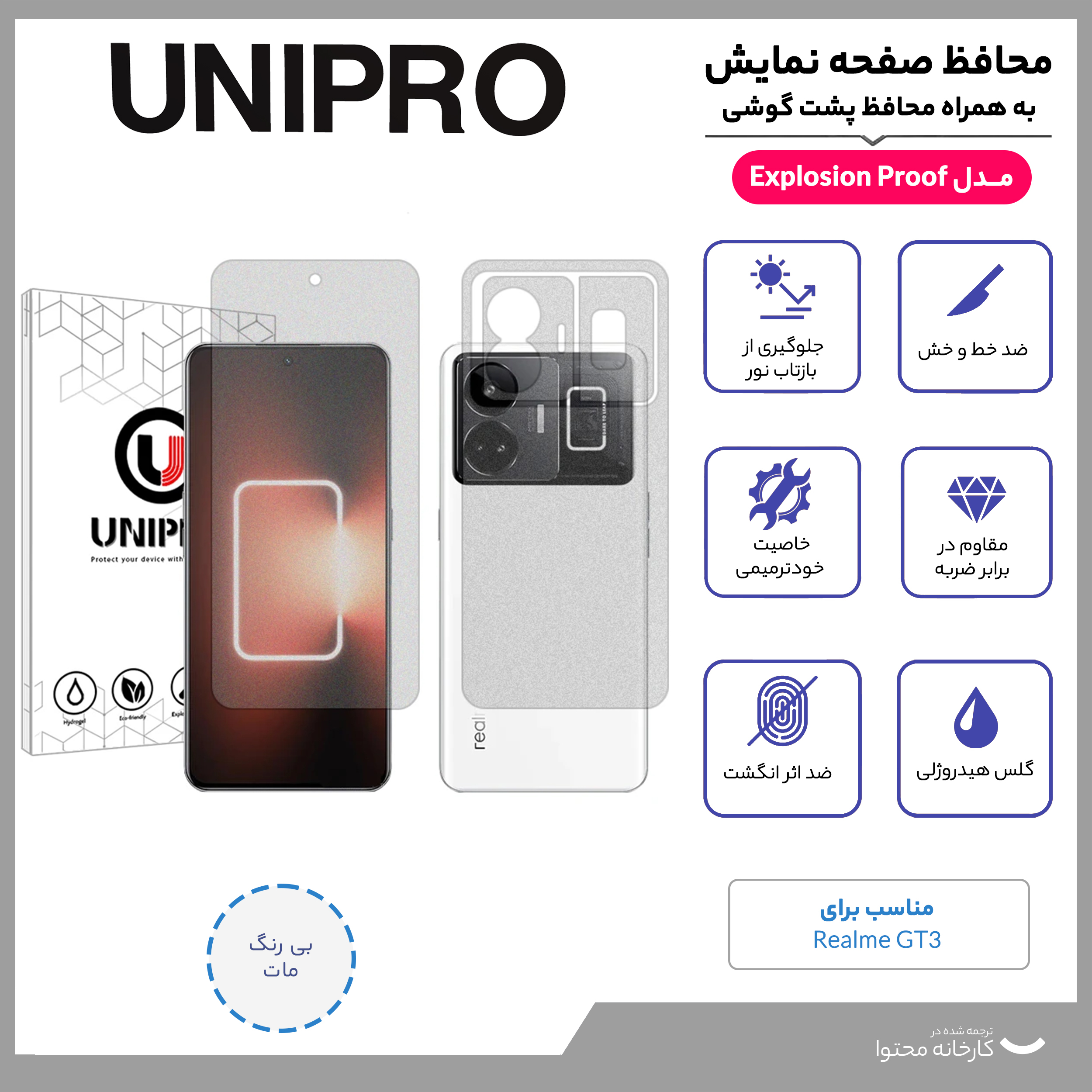 محافظ صفحه نمایش مات یونی پرو مدل Explosion Proof مناسب برای گوشی موبایل ریلمی GT3 به همراه محافظ پشت گوشی