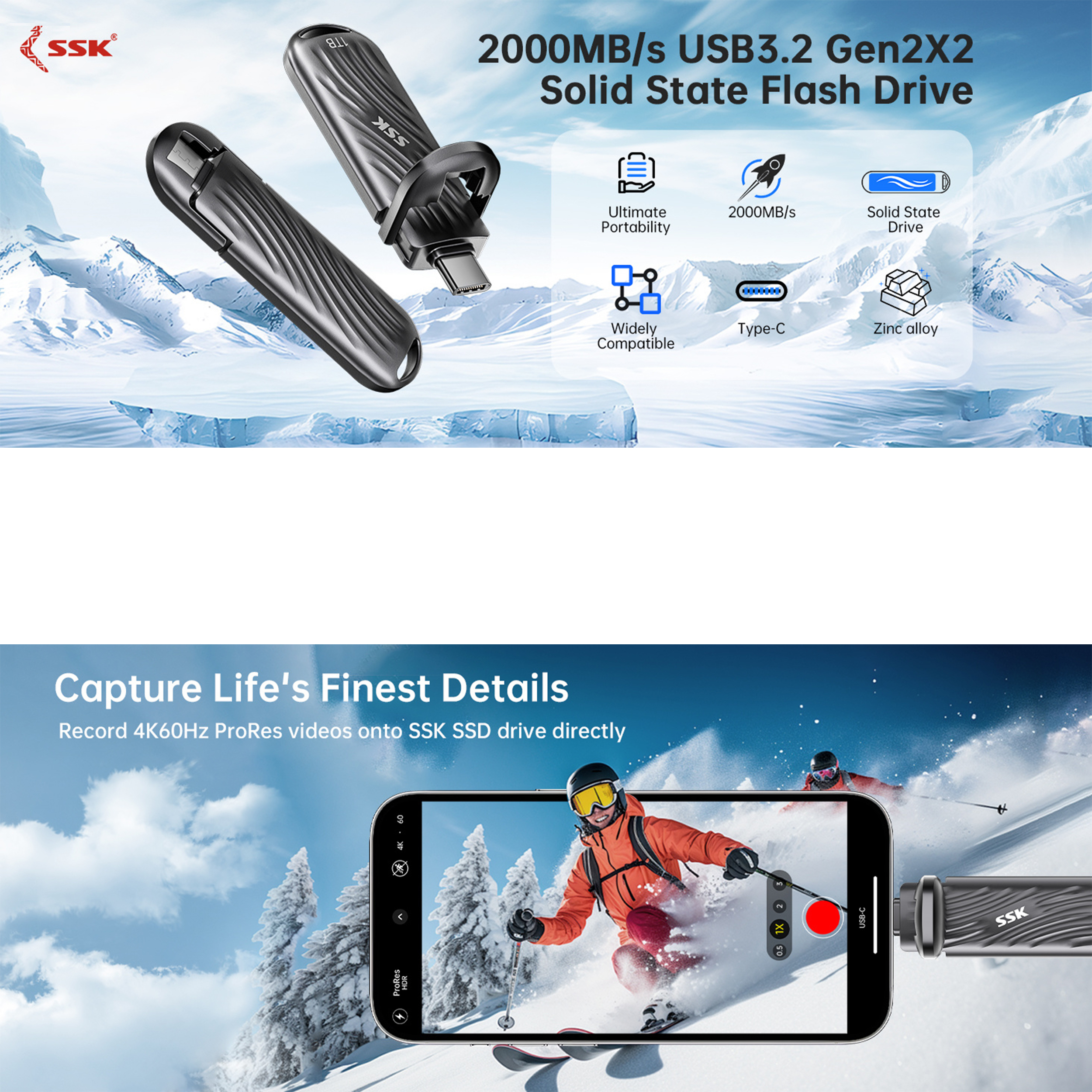 فلش مموری اس اس کا مدل SD320 SSD-DRIVE USB3.2 GEN2x2 2000MB/s ظرفیت 2 ترابایت