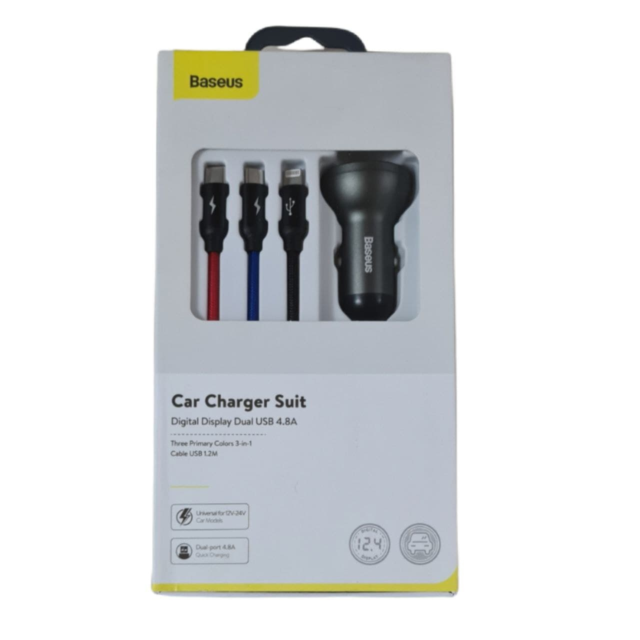 شارژر فندکی  باسئوس مدل Car Charger Suit-24W به همراه کابل تبدیل microUSB/ USB-C / لایتنینگ